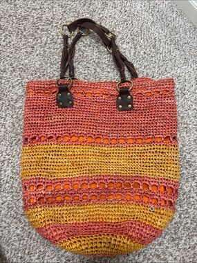 Flora Bella Raffia Straw Crochet Beach Market Bag Leather Straps